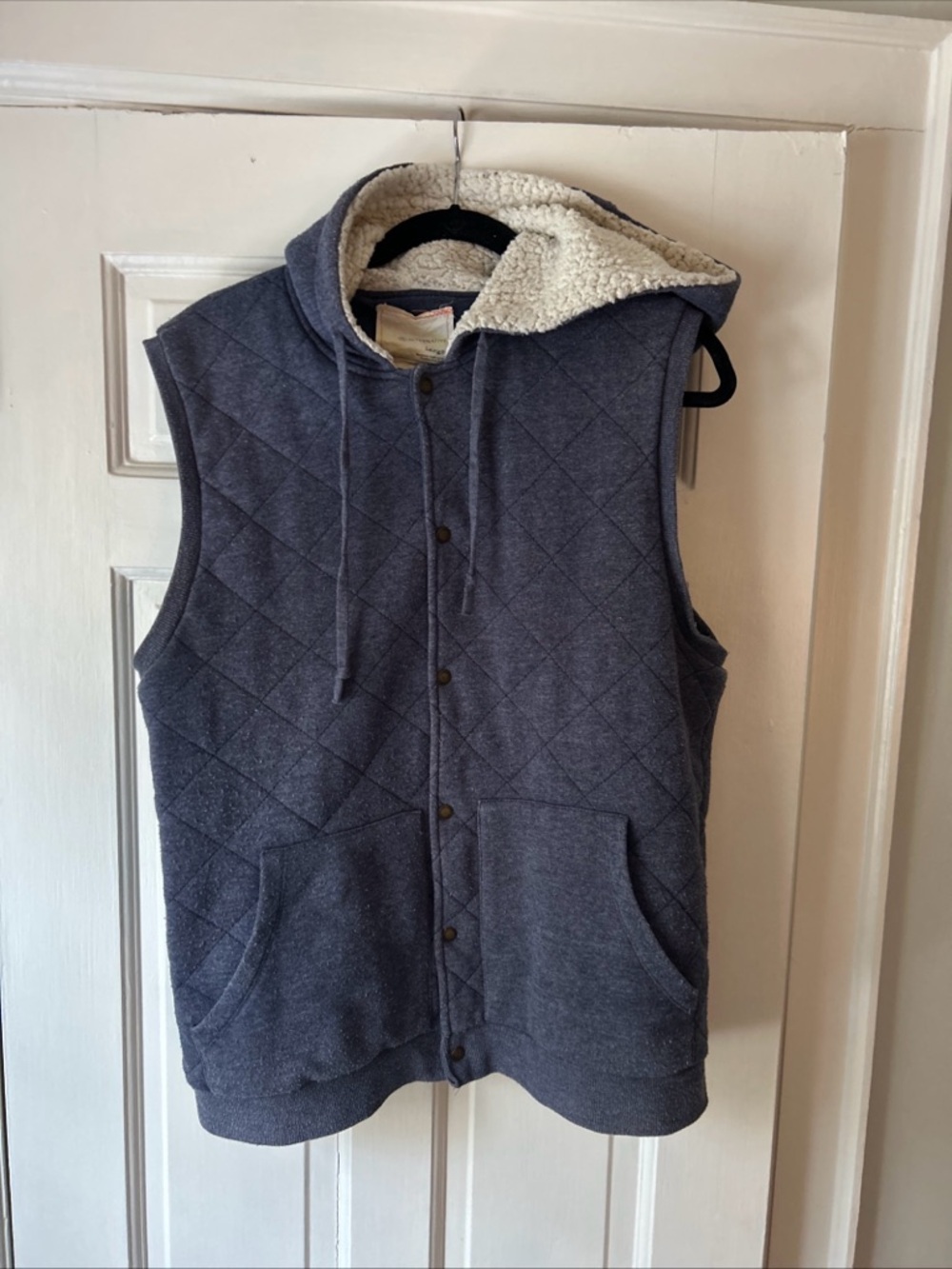 Alternative Quilted Hooded Vest in Heather Navy with Cream Sherpa